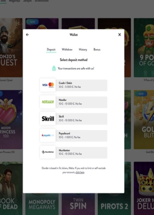 Payment methods portal lobby Dunder Casino